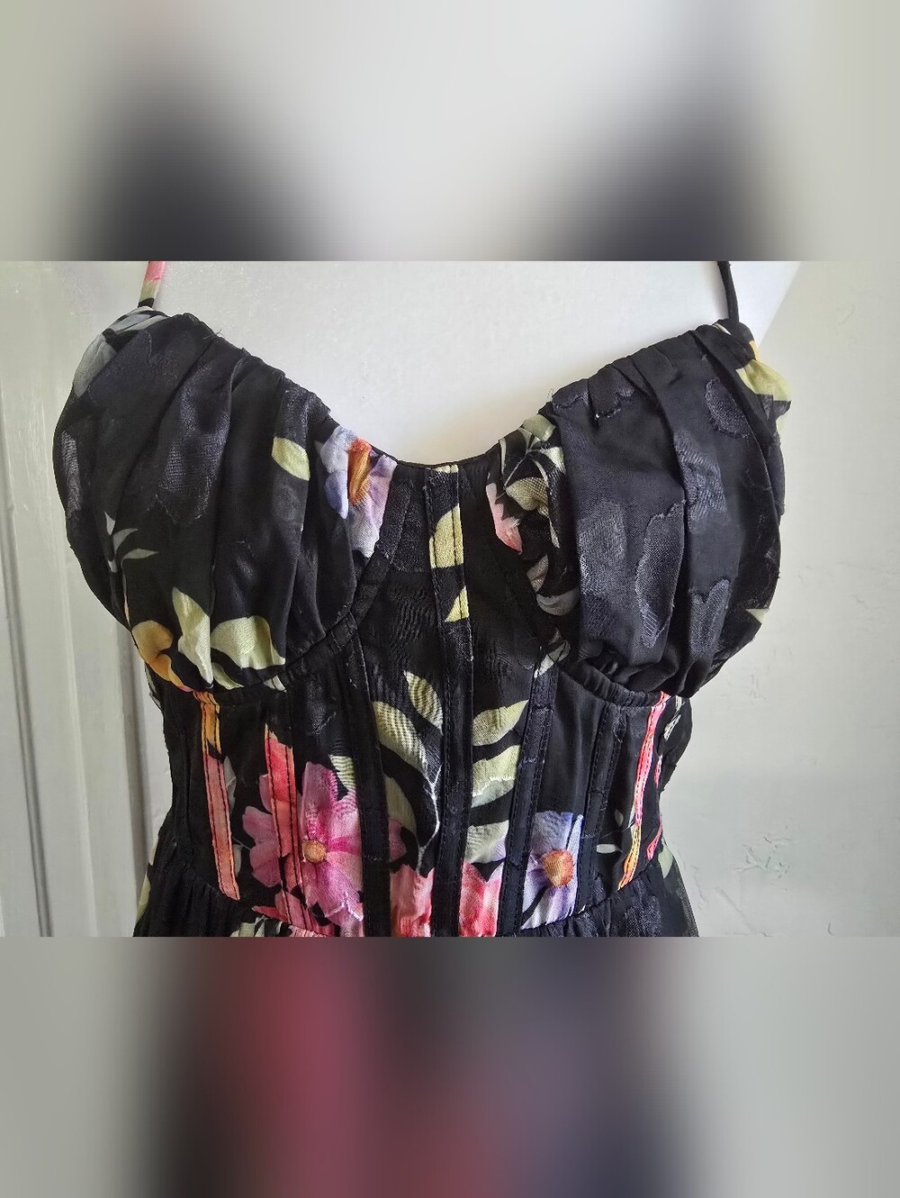NEW Lulu's Elegant Radiance Black Floral Print Ruffled Bustier Midi Dress - Picture 8 of 14